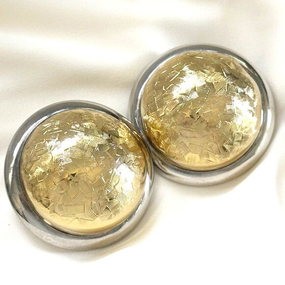 Large Two Tone Gold and Silver Dome Earrings Basketweave Design - Picture 1 of 5